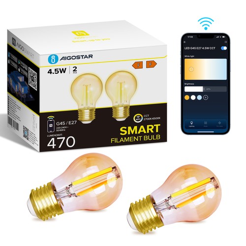 Smart LED Filament pære G45 - E27 4.5W CCT/Amber - Dobbel Pakke
