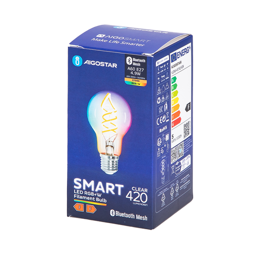Bluetooth Mesh Smart Filament pære A60 - E27 4.9W RGBW, Klar