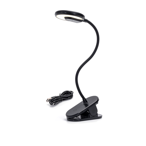 Oppladbar LED klemmelampe med rundt lampehode