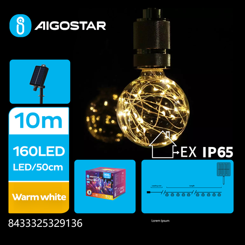 Solcelle Lyslenke G50 - Varm Hvit, 160LED, 20 Pærer, 1,5m+10m, 50cm Sort Ledning, 8 Blinkemønstre, IP65