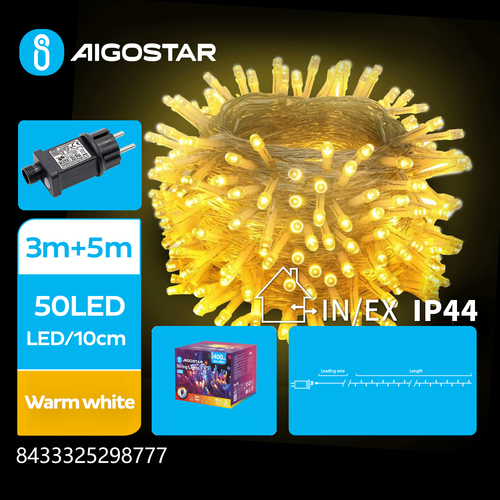 LED-lyskjede, Varm Hvit, 3M+5M, 50LED - 10cm/LED, Gjennomsiktig Ledning, 8 Blinkfunksjoner + Timer, IP44