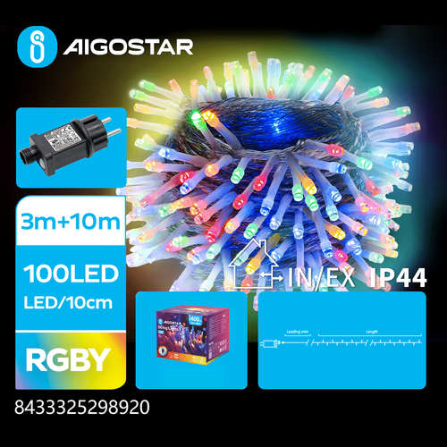 LED-lyskjede, RGBY, 3M+10M, 100LED - 10CM/LED, Gjennomsiktig Ledning, 8 Blinkemønstre + Timer, IP44