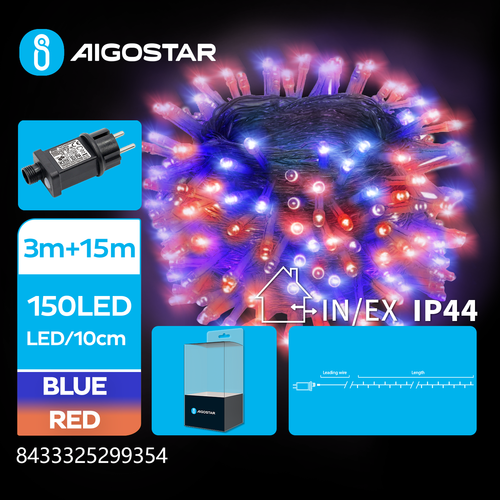 LED Lysslynge - Rød/Blå 3+15m 150LED 10cm/LED Gjennomsiktig Ledning - 8 Blink+Timer, IP44