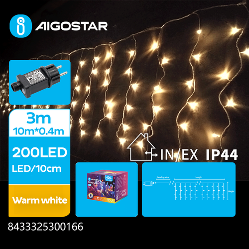 LED istapp Lyskjede, Varm Hvit, 200LED - 50 rekker, Gjennomsiktig Ledning, 8 Blinkfunksjoner, Timer, IP44, 3M+10x0.4M