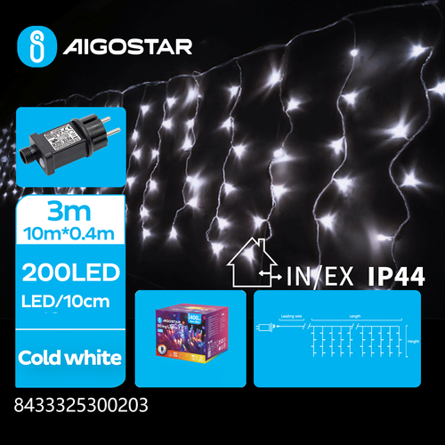 LED istapp Lyskjede, Kald Hvit, 200 LED - 50 rader, Gjennomsiktig Ledning, 8 Blinkfunksjoner, Timer, IP44, 3m+10x0.4m