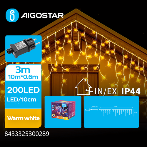 LED isdrypp Lysslynge, Varm Hvit, 3M + 10M*0.6M, 200 LED - 50 Strenger, Gjennomsiktig Ledning, 8 Blinkfunksjoner, IP44