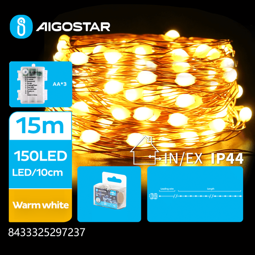 3AA Batteri Kobbertråd Lyslenke, Varm Hvit, 15M, 150 LED, 10cm/LED, Sølvtråd, 8 Blinkfunksjoner+Timer+IP44