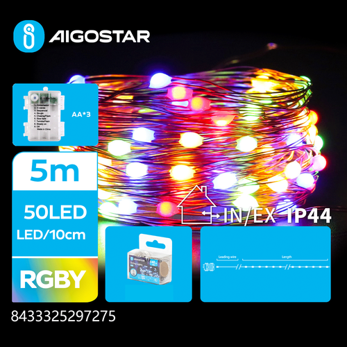 3AA Batteri Kobbertråds Lyslenke - RGBY 5m 50LED (10cm/LED) - Sølvtråd - 8 Blink + Timer + IP44