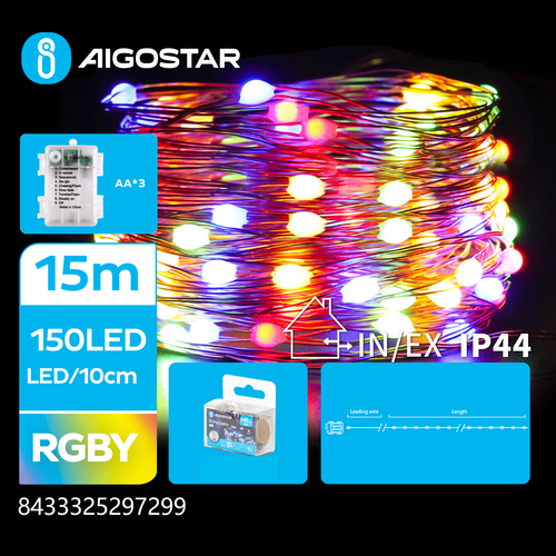 3AA Batteri Kobbertråd Lyskjede RGBY 15M 150LED 10cm/LED Sølvtråd 8 Blinkfunksjoner + Timer IP44