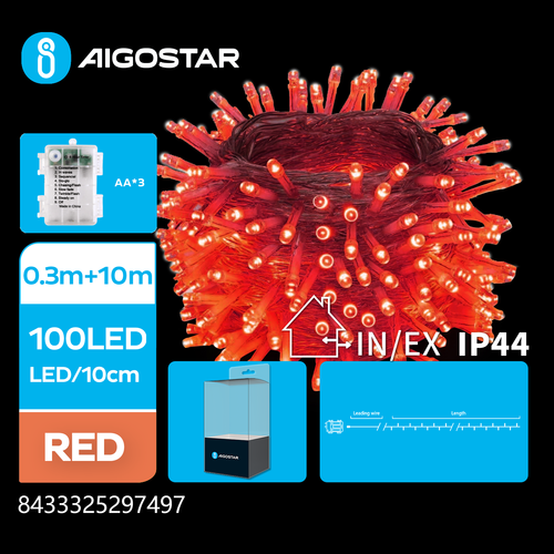 3AA Batteri-Flad Lysslynge Rød, 0.3M+10M, 100 LED, 10CM/LED, Gjennomsiktig Ledning, 8 Blinkfunksjoner + Timer, IP44