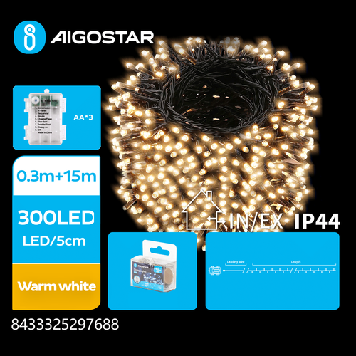 3AA Batteri LED lyslenke, Varm Hvit, 0,3M+15M, 300LED - 5CM/LED, Grønn/Svart Ledning, 8 Blinkfunksjoner + Timer, IP44