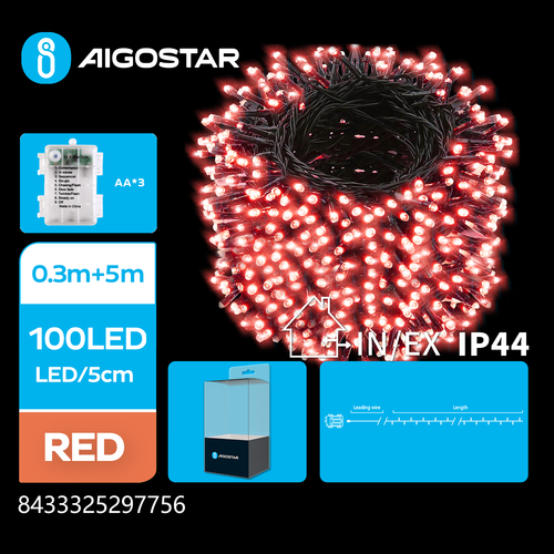 3AA batteri LED lyslenke, rød, 0,3m + 5m - 100 LED - 5cm/LED - grønn sort ledning - 8 blinkende modus + tidsinnstilling + IP44