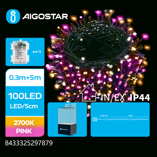 3AA Batteri LED Lysslynge, Rosa/Varm Hvit 0,3M+5M 100LED - 5cm/LED Grønn/Sort Ledning 8 Blink+Timer+IP44