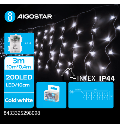3AA Batteri Istapp Flat Lyskjede Kald Hvit - 200 LED, 50 Rekker, Transparent Ledning, 8 Blinkfunksjoner, Timer, IP44, 3M+4M
