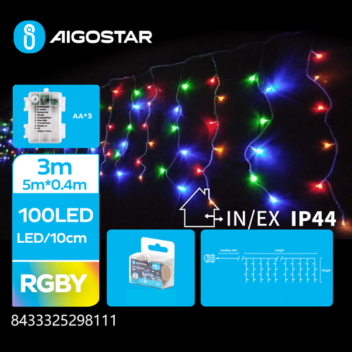 3AA Batteri Istapp Lyslenke RGBY, 100LED, 25 rader, Transparent Ledning, 8 Blinkfunksjoner, Timer, IP44, 3M+2M