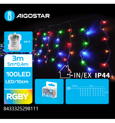 3AA Batteri Istapp Lyslenke RGBY, 100LED, 25 rader, Transparent Ledning, 8 Blinkfunksjoner, Timer, IP44, 3M+2M