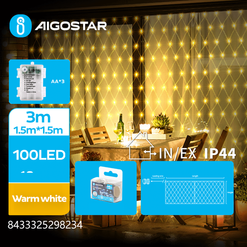 3AA Batteri Lysslynge - Varm Hvit - 3M + 1,5M x 1,5M - 100 LED - Gjennomsiktig Ledning - 8 Blinkemodus + Timer + IP44