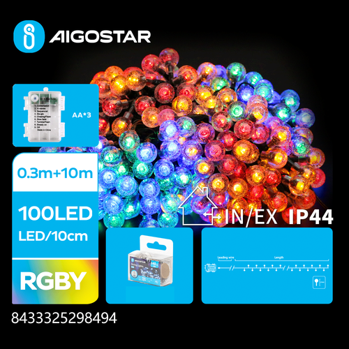 3AA Batteri kule lyskjede, RGBY, 0.3m + 10m - 100 LED - 10cm/LED - Gjennomsiktig ledning - 8 Blink + Timer + IP44