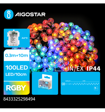 3AA Batteri kule lyskjede, RGBY, 0.3m + 10m - 100 LED - 10cm/LED - Gjennomsiktig ledning - 8 Blink + Timer + IP44