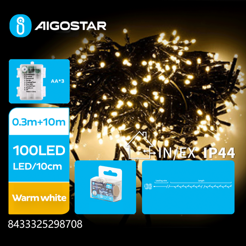 3AA Batteri Kræsjperle-Lyslenke - Varm Hvit - 0,3M+10M, 100 LED, 10cm/LED - Grønn/Svart Ledning - 8 Blink+Timer+IP44