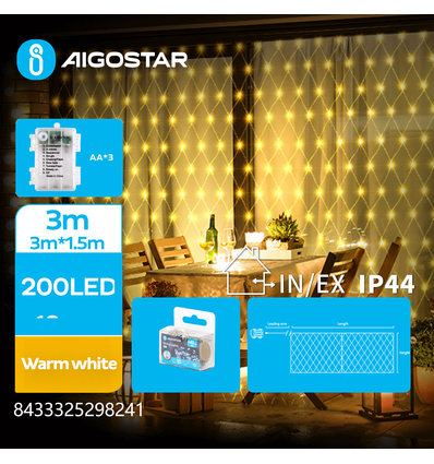 3AA Batteridrevet LED-nettlys, Varm Hvit, 3M+3M*1.5M - 200 LED, Gjennomsiktig ledning, 8 Blinkfunksjoner + Timer, IP44