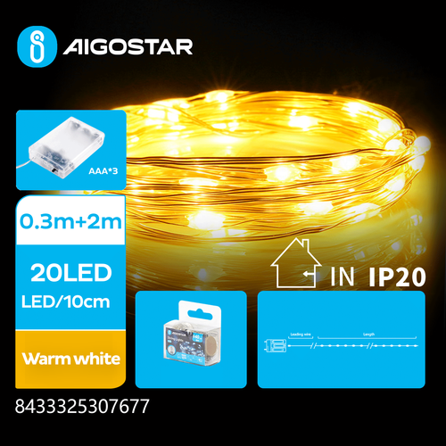 3AA Batteri-Kobbertråds Lyslenke, Varm Hvit, 0,3M+2M, 20 LED, 10 cm/LED, Sølvtråd, På/Av/Blink, IP20