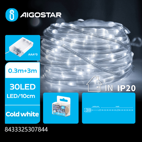 3AA Batteri PVC Lysslynge - Kald Hvit - 0,3m + 3m - 30 LED - 10cm/LED - Gjennomsiktig Ledning - På/Av/Blink
