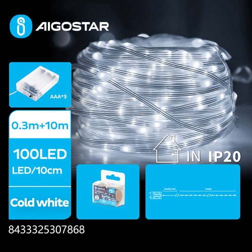 3AA Batteri PVC Lysslynge - Kald Hvit - 0,3M+10M - 100LED - 10 cm/LED - Gjennomsiktig Ledning - På/Av/Blink