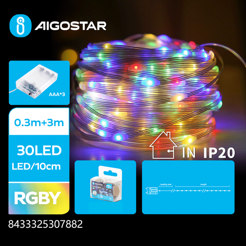 3AA Batteri PVC Lysslynge - RGBY - 0,3m + 3m - 30 LED (10cm/LED) - Gjennomsiktig Ledning med På/Av/Blink Funksjon