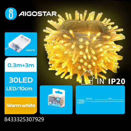 3AA batteri LED lysslynge, Varm Hvit, 0,3m+3m, 30 LED - 10cm/LED, Gjennomsiktig ledning, På/Av/Blink, IP20