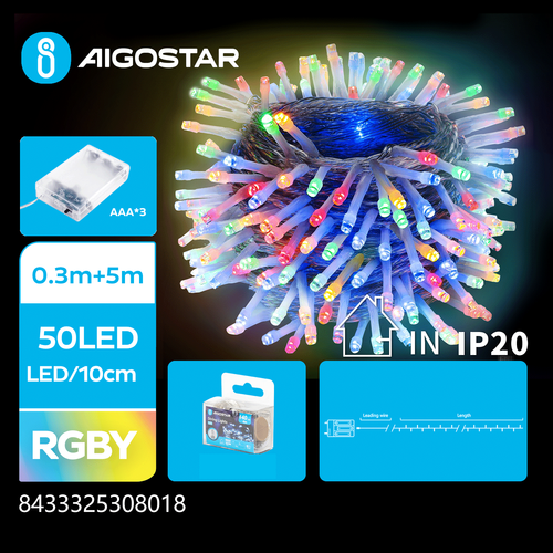 3AA Batteri LED-lyskjede, RGBY 0,3M+5M 50 LED - 10cm/LED Gjennomsiktig Ledning På/Av/Blink IP20