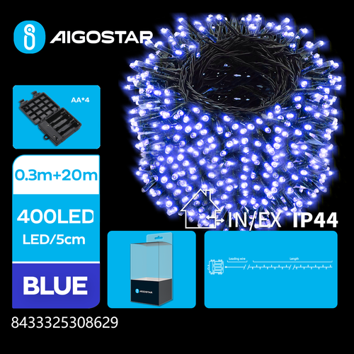 4AA Batteri LED Lyskjede, Blå, 0,3m+20m - 400 LED - 5cm/LED - Grønn/Svart Ledning - 8 Funksjoner med Blink+Timer+IP44