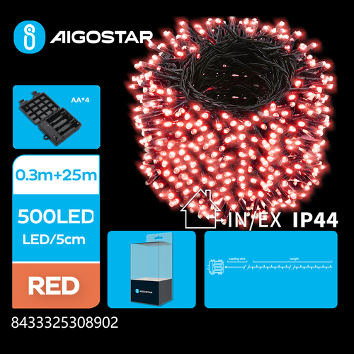 4AA Batteri LED Lysslynge, Rød, 0,3 m + 25 m - 500 LED - 5 cm/LED - Grønn/Sort Ledning - 8 Blinkende + Timer + IP44