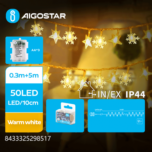 EN: 3AA Battery Star Snowflake String Lights-Warm White-0.3M+5M-50LED-10CM/LED-transparent wire-8blink+time+IP44